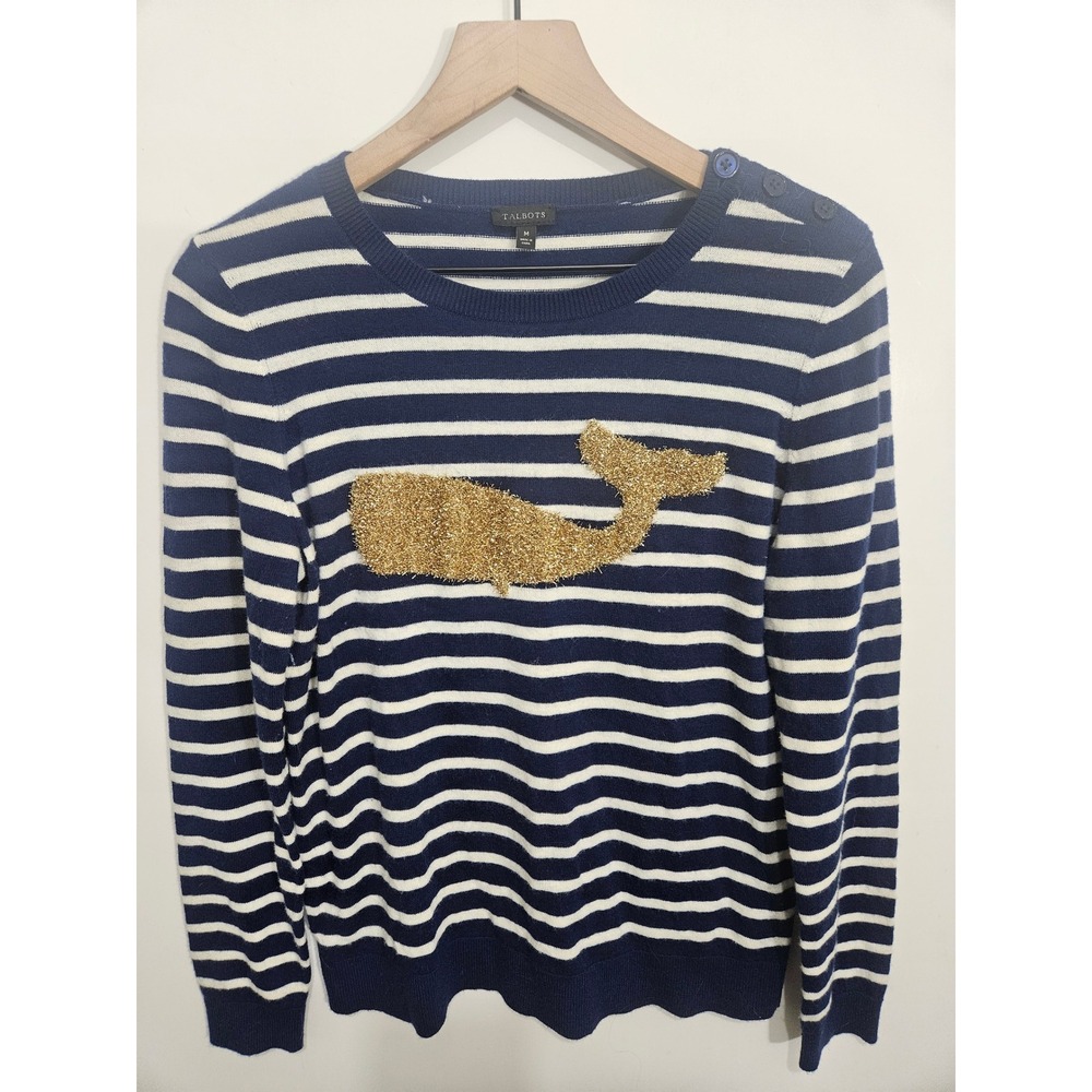 Talbots Womens Navy White Striped Lambswool Blend Gold Glitter Whale Sweater M